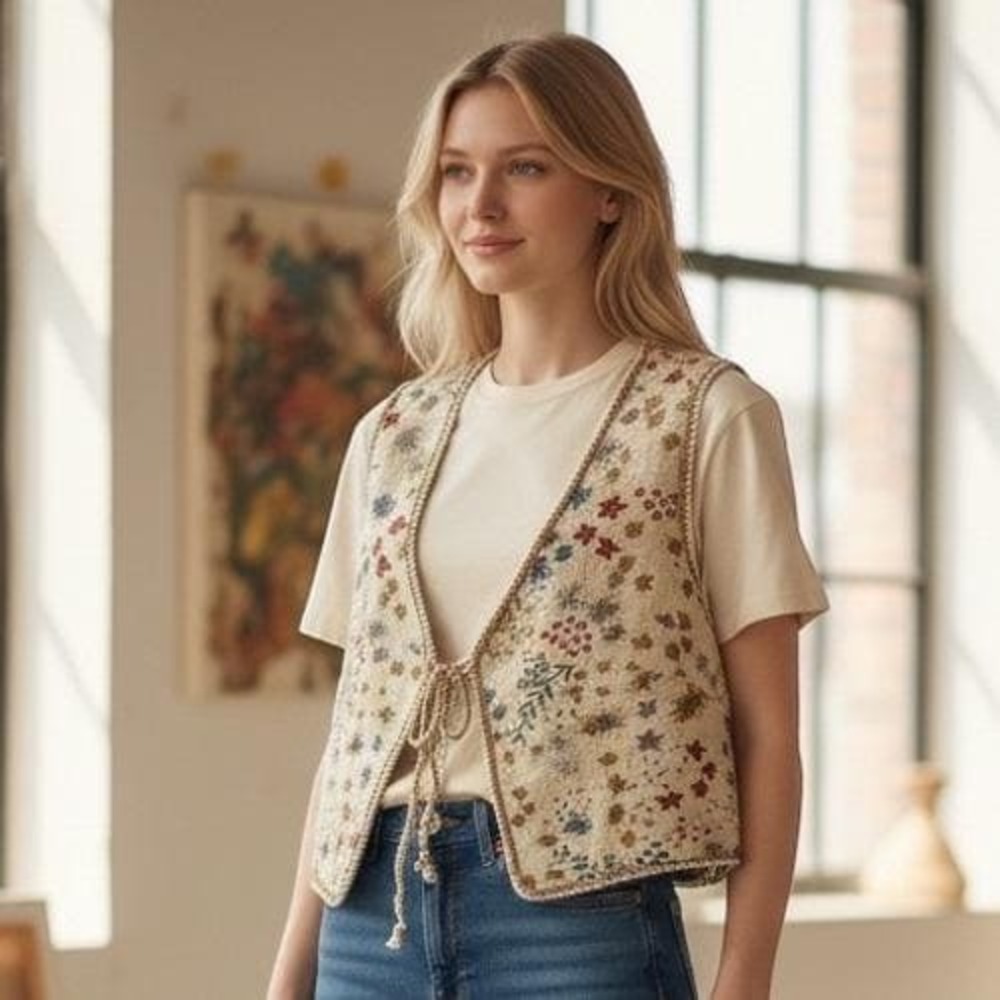 Vintage Floral Tapestry Vest Cream Multi Braided Trim Tie Front Cropped Boho M